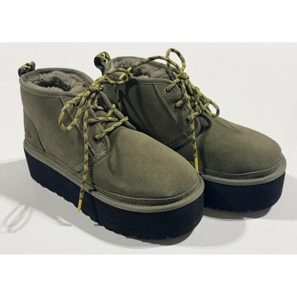 UGG Neumel Platform - Women's Green Suede Lace Up Boots 1130604 - Size 7 NEW NWT